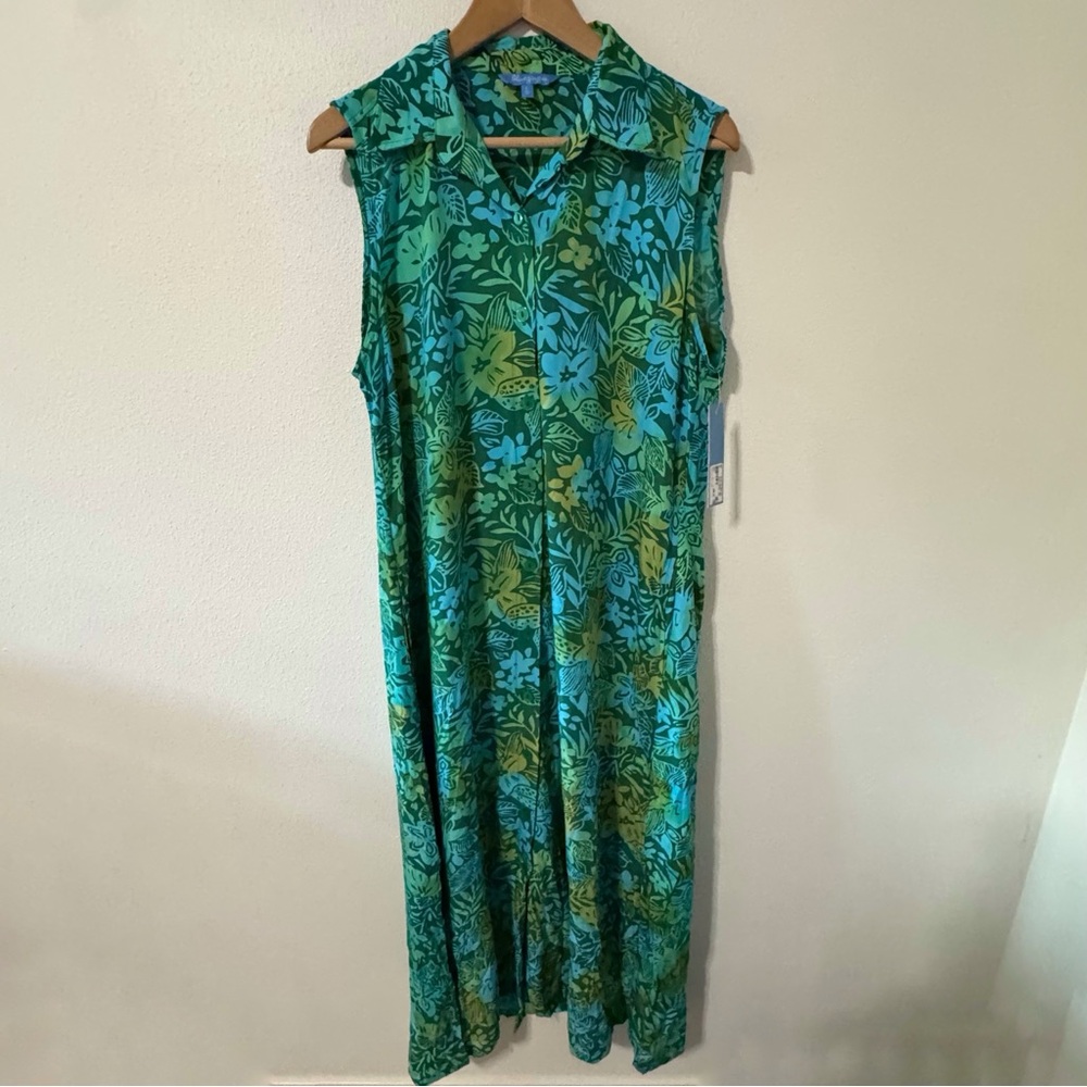 Blue Ginger Floral Maxi Shirt Dress Blue Green Sleeveless Side Slit Hawaii NWT-L